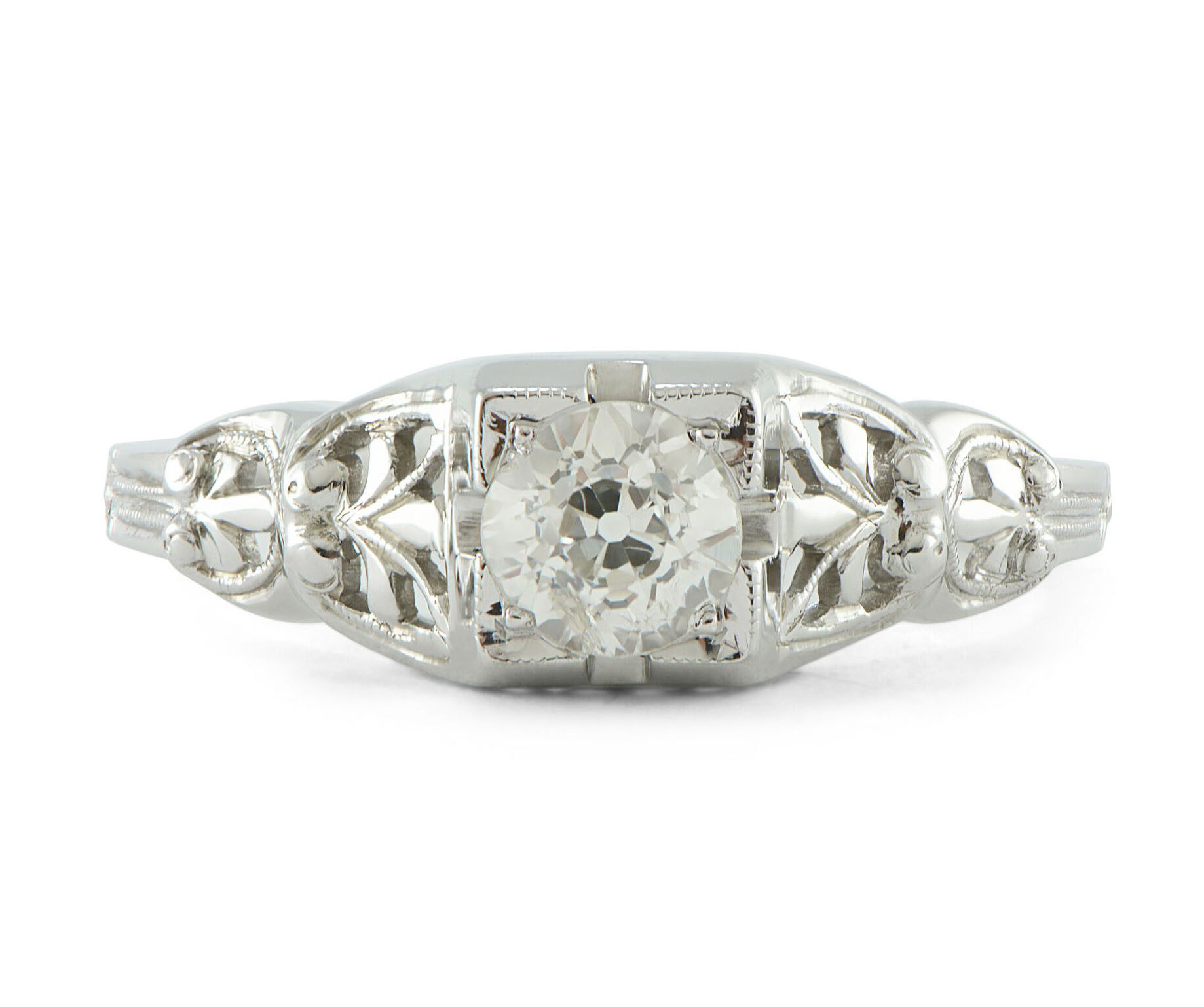 Antique Round Diamond Engagement Ring 18K White Gold .50ct tw I/I1 Size 7