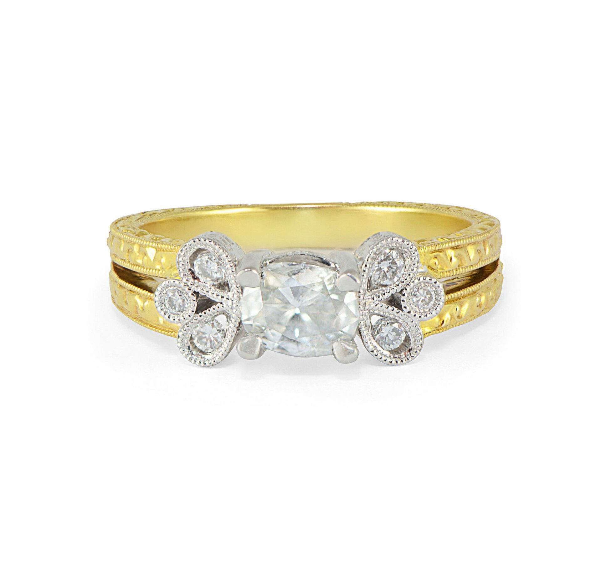 Vintage-Style-Oval-Diamond-Engagement-Ring-18k-Two-Tone-Hand-Engraved-7ct-SZ-6-132237348983