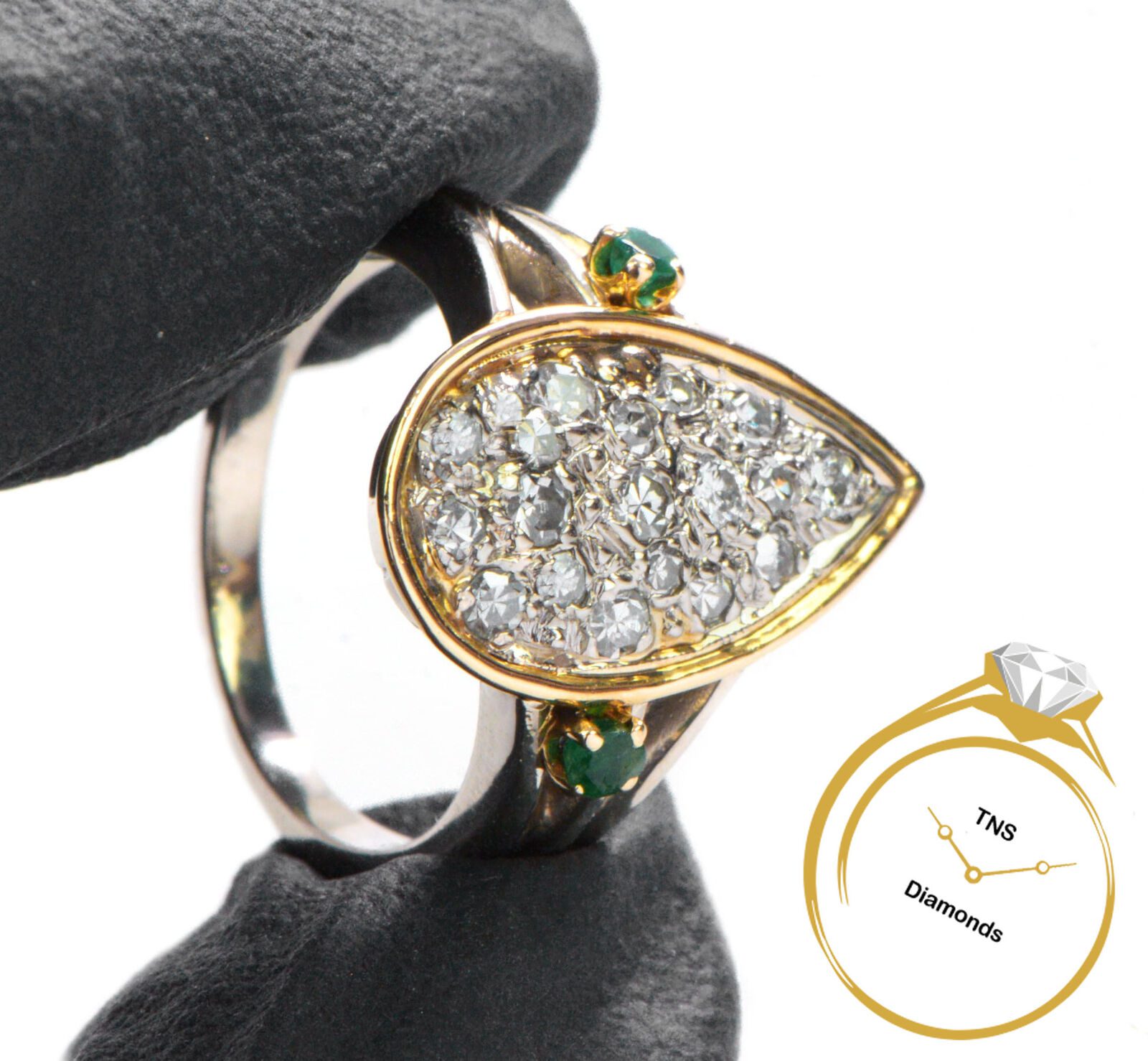 Antique-14k-Yellow-White-Gold-Pear-Diamond-Green-Emerald-Ring-w-Video-173521875995