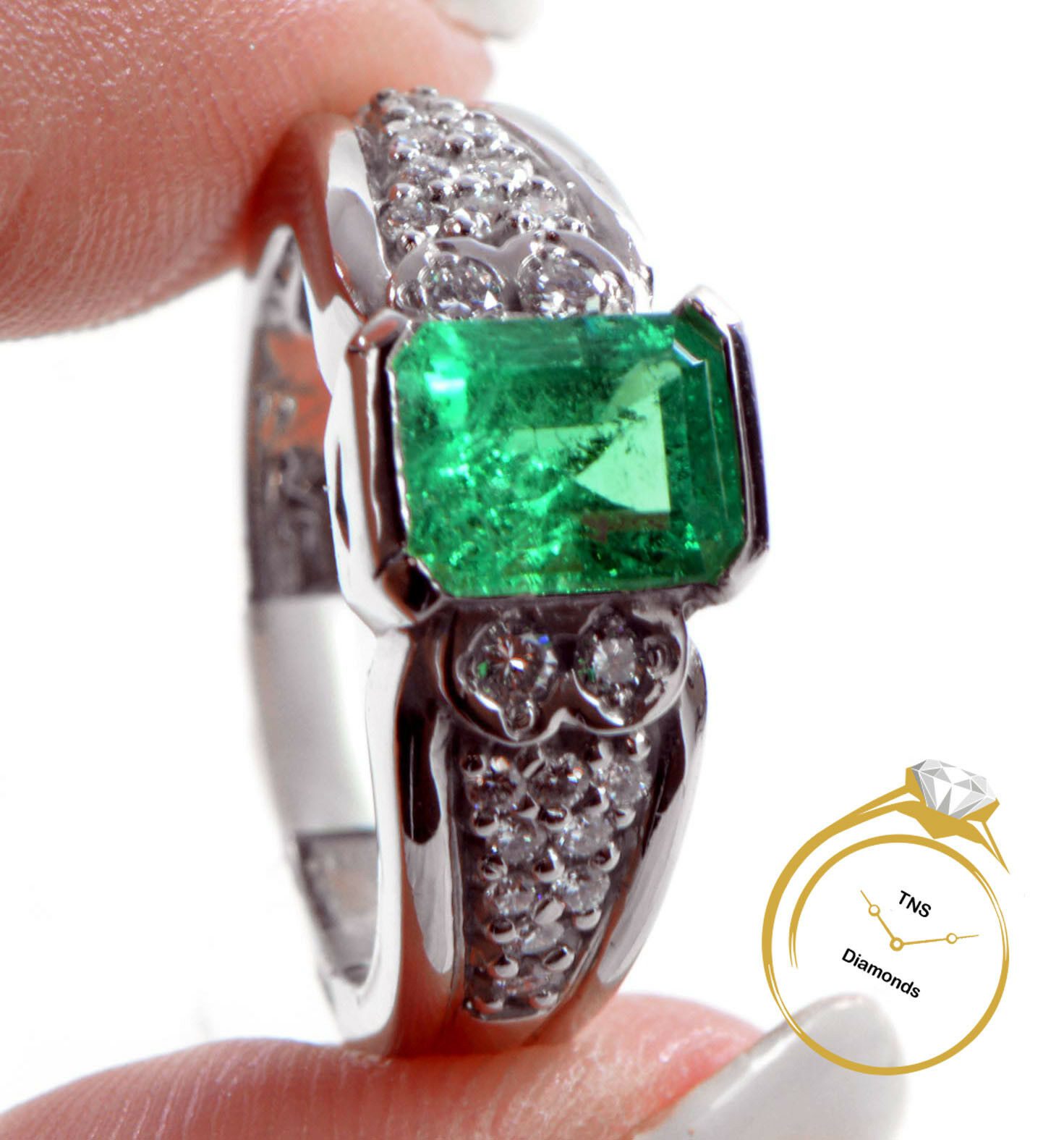 Solitaire-Natural-Emerald-Cut-Columbian-Emerald-Diamond-Ring-65g-SZ-625-132799700516