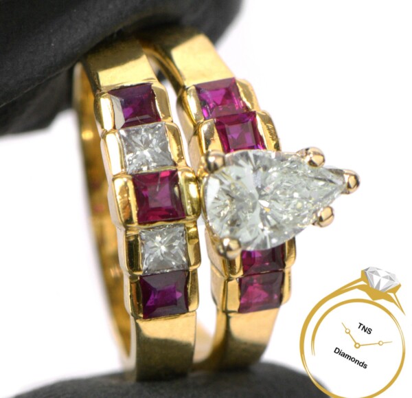 Bridal-Set-74ct-Pear-Diamond-Ruby-Ring-in-14k-Yellow-Gold-FSI2-Size-525-113361535803