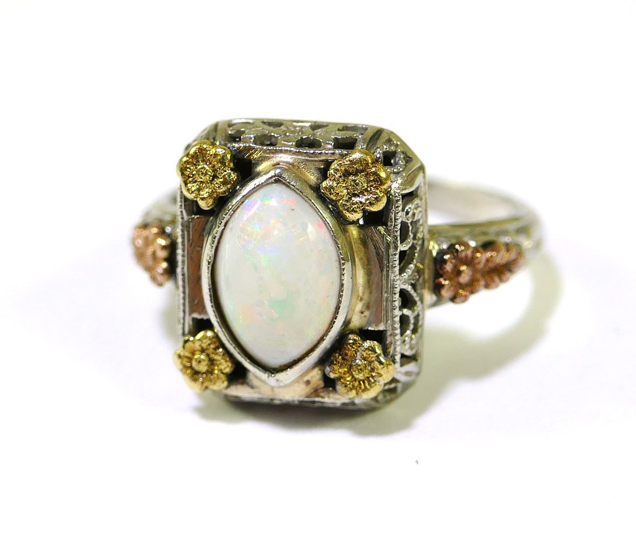 Opal Hand Made Triple Tone White Yellow Rose Gold Ring | TNS Diamonds ...