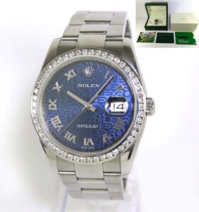 Rolex Datejust watch with a blue mosaic dial and diamond bezel, part of a vintage watch collection.