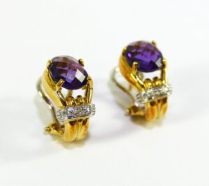 Amethyst Diamond 18k White & Yellow Gold Drop Dangle Earrings