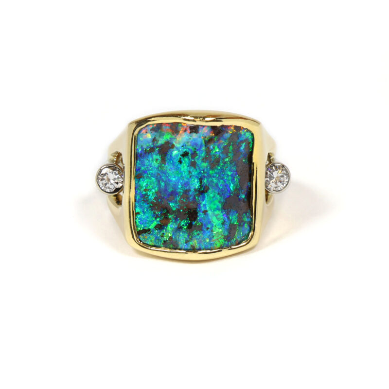 Natural Boulder Opal Rainbow And Diamond Bezel Set 18K Yellow White Gold Ring