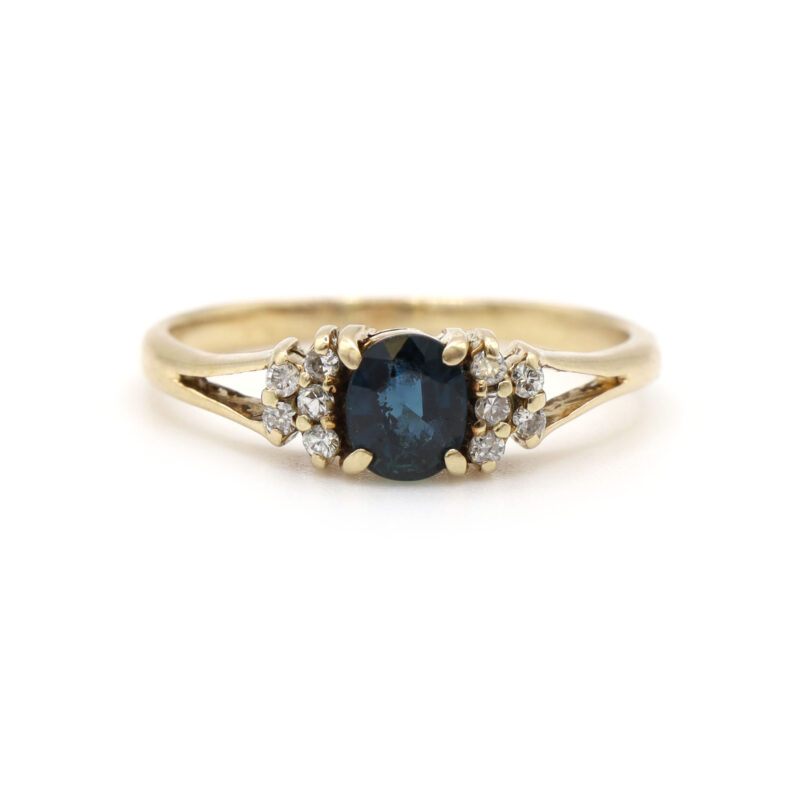 Blue Oval Sapphire And Diamond Cluster Dainty 14K Yellow Gold Ring