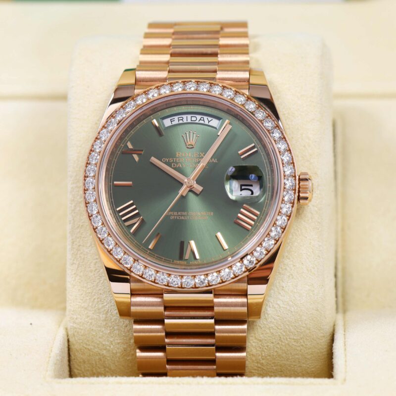 Mint Rolex Day-Date President 228345RBR 40MM Olive Factory Diamond Box Papers