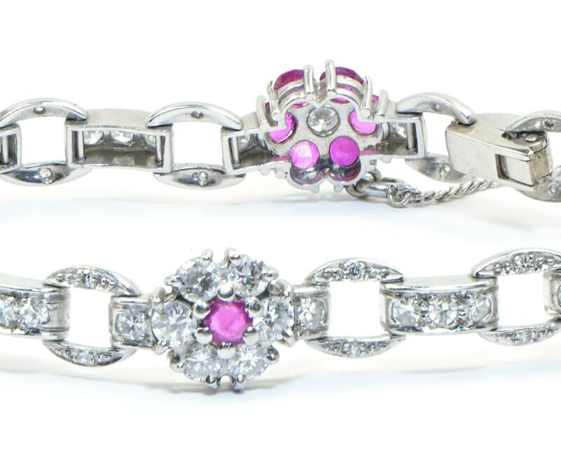 Antique Diamond & Ruby Flower Bracelet in Platinum (6.25 ct TW, VS Clarity, F/G