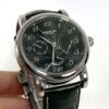 Montblanc Star Retrograde Day Date watch with black dial and power reserve indicator.
