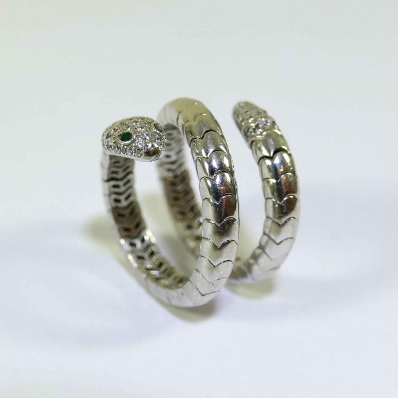 Rattle Snake Diamond & Emerald Sterling Silver 925 Ring - Size 7-8