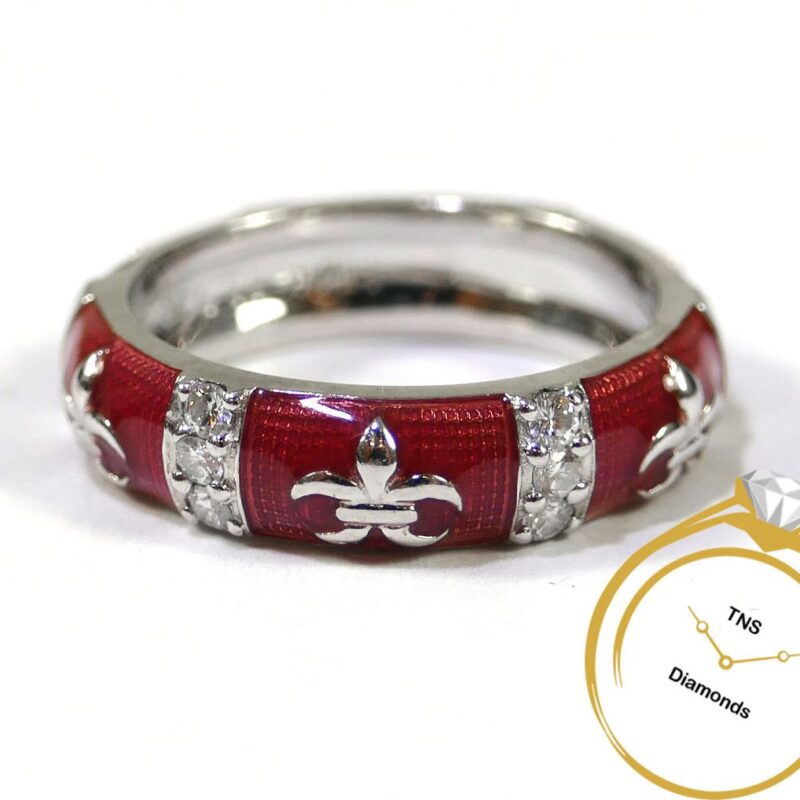 Hidalgo Fleur De Lis Diamond 18k White Gold Red Enamel Band Ring - Sz 5.5
