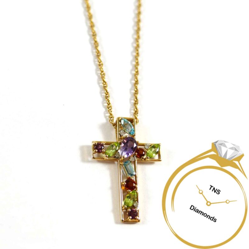 Semi Precious Gemstone 14k Yellow Gold Cross Necklace