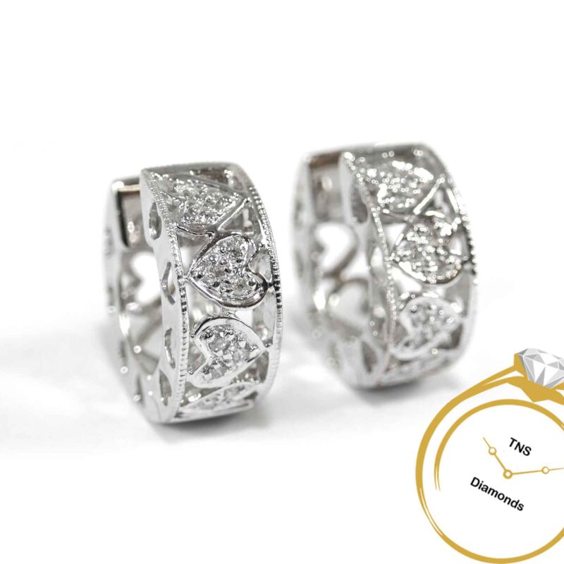 Pave Heart Diamond 18k White Gold Huggie Hoop Women's Earrings