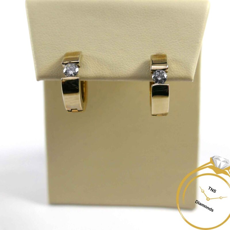 Solitaire Diamond Two Tone 14k Yellow and White Gold Huggie Hoop Earrings