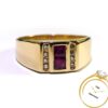 14k yellow gold ring with princess cut ruby and diamond accents. Vintage style jewelry.