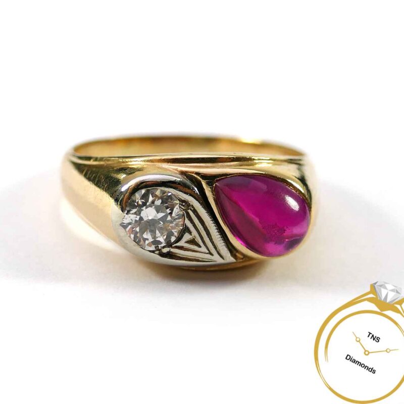 Vintage .50ct Diamond and Cabochon Ruby 14k Yellow Gold Platinum Ring