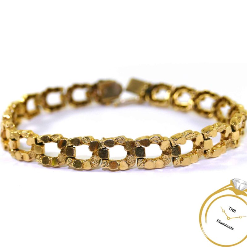 Unisex 14k Yellow Gold Nugget Horseshoe Link Bracelet 10mm 8.5 inches