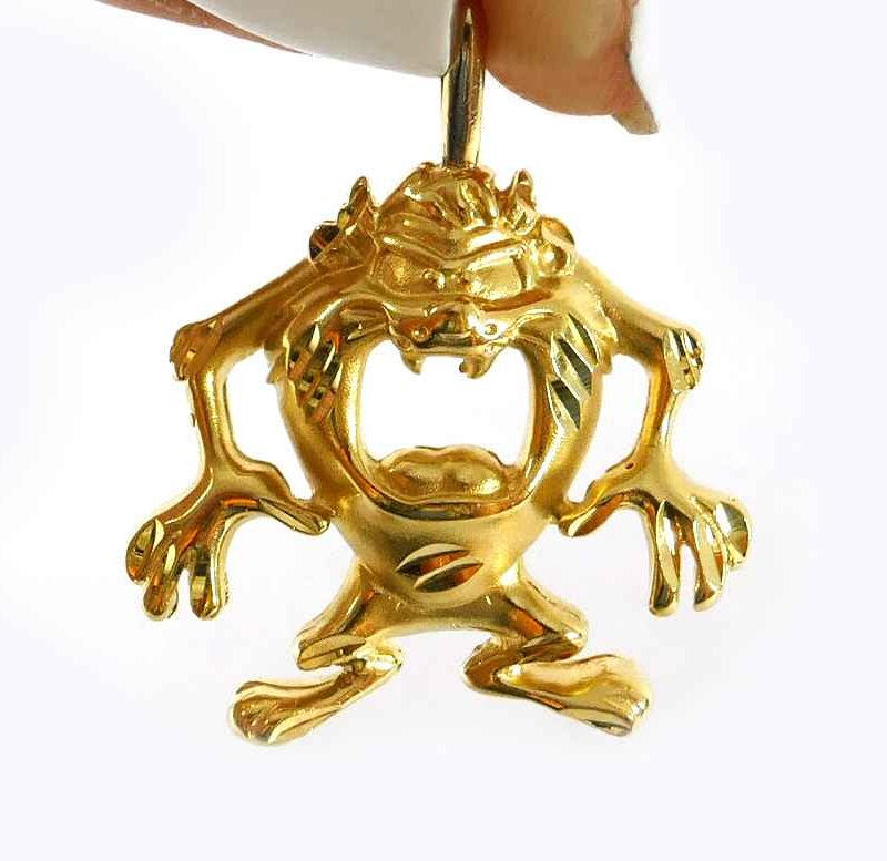 Tasmanian Devil Taz Looney Toons 14k Yellow Gold Small Detailed Micro Pendant Necklace
