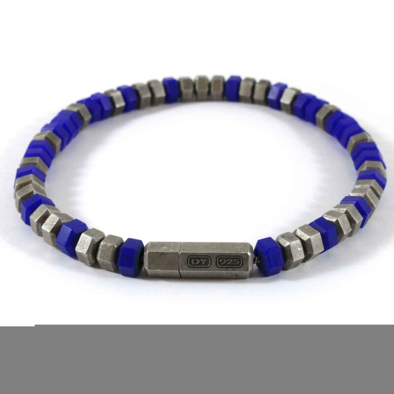 David Yurman Men's Hex Bead Bracelet Blue Rubber & Sterling Silver Medium