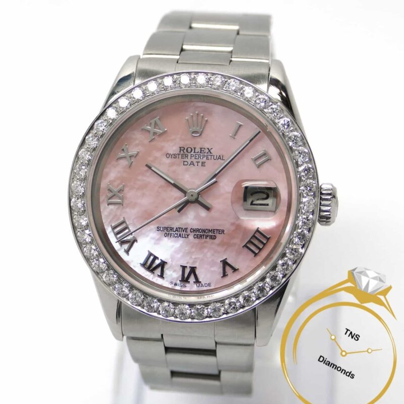 Ladies Rolex Oyster Perpetual Date Pink Pearl Dial 2.2 Carat Diamond Bezel 34mm