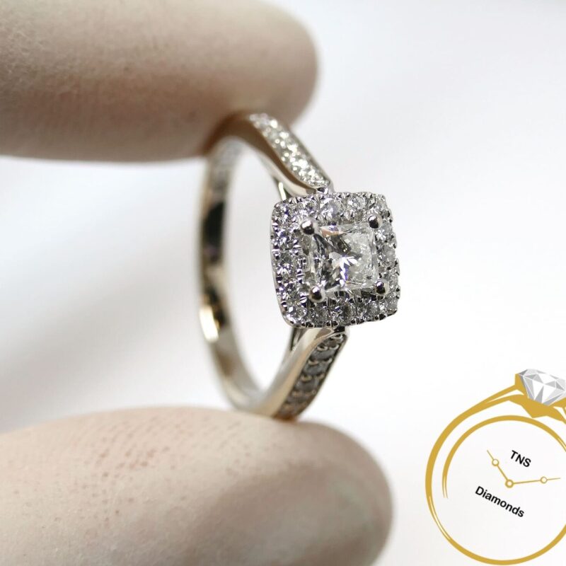 Leo Princess Cut Halo Diamond Engagement Ring .74ct F/SI1 14k White Gold SZ 6.5