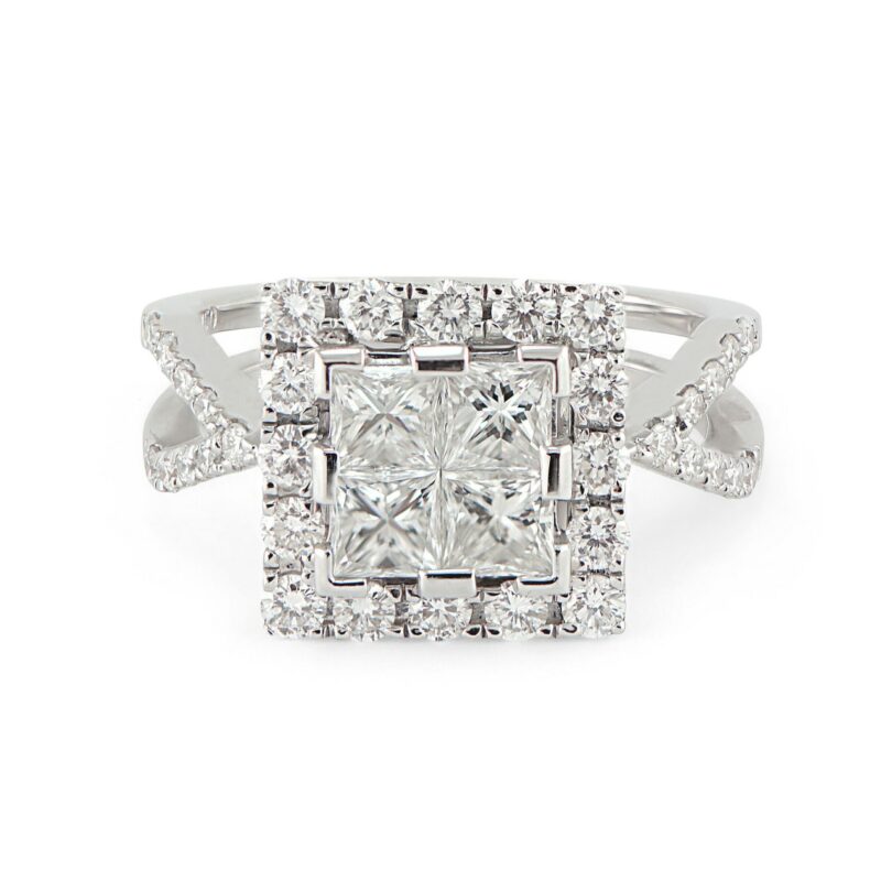 Princess Cluster Halo Round Diamond Engagement Ring