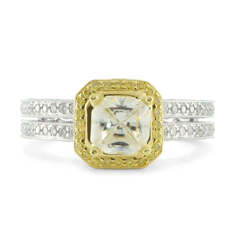 Princess Halo Semi-Mount Engagement Ring Bead Set Double Band Two-Tone SZ5.5