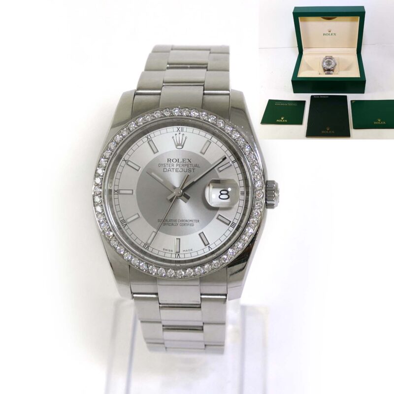 Rolex Datejust 116200 36mm Rehaut Silver Tuxedo Dial Diamond Bezel Box Booklets
