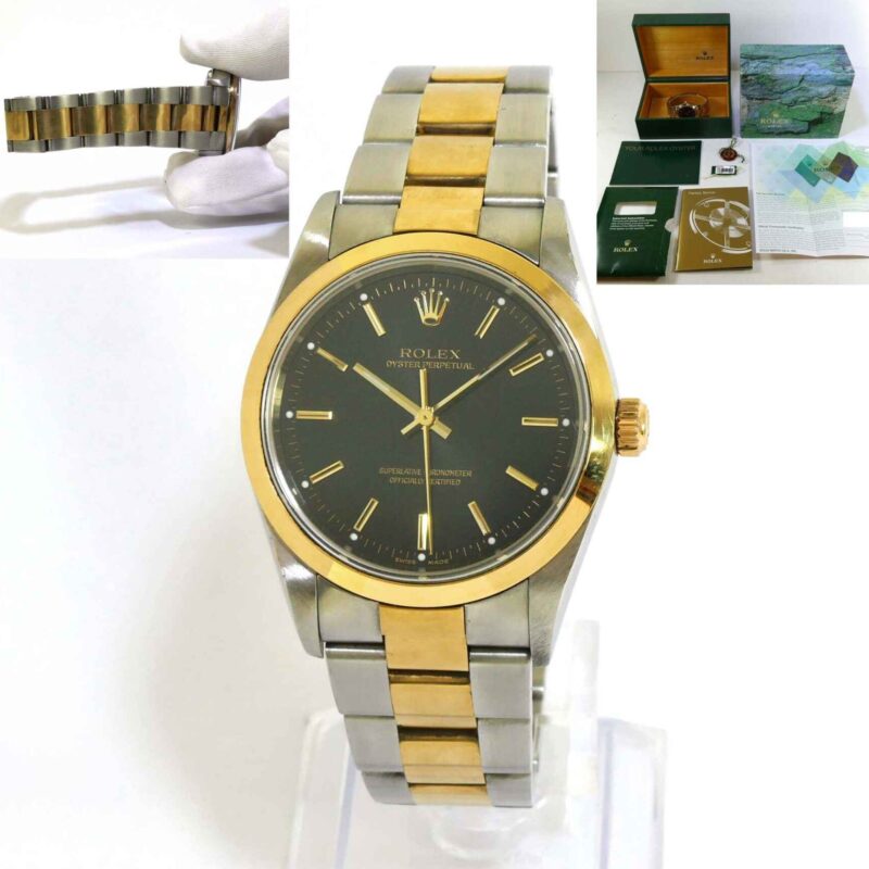 MINT 2007 Rolex Oyster Perpetual 34mm Two Tone Gold 14203 Black Dial Box Papers