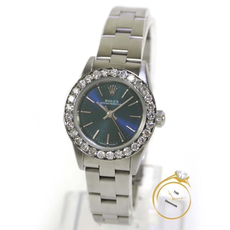 Ladies Rolex Oyster Perpetual Blue Dial 2 Carat Diamond Bezel 76080 24mm