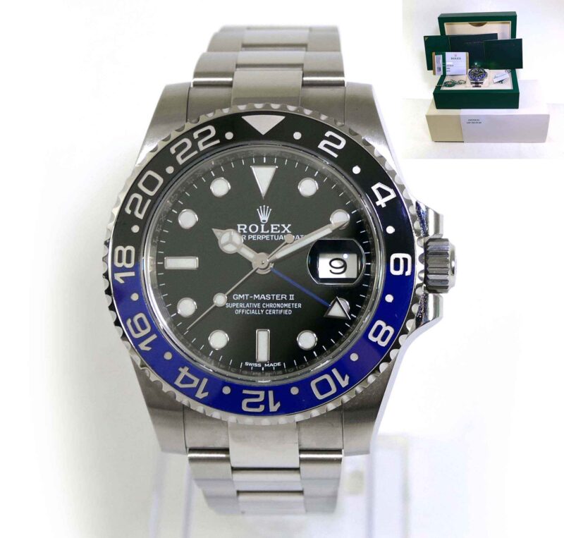 Close-up of a Rolex Batman watch with its distinctive black and blue bezel, showcasing the GMT-Master II model's iconic design and craftsmanship.