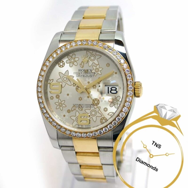 Rolex Datejust 116243 Factory Flower Dial & Diamond Bezel 36mm 18k Yellow/Steel