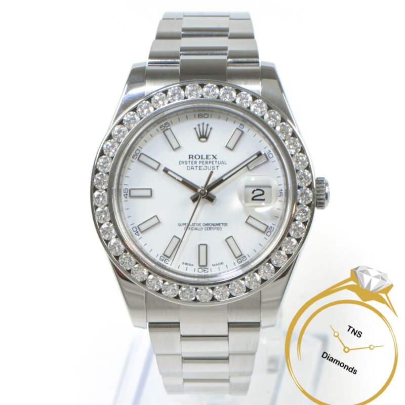 Rolex Datejust 2 II Custom 4.5 Carat Diamond Bezel White Stick Dial 116300 41mm