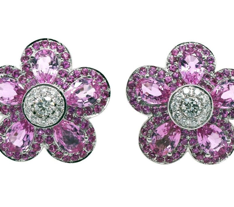 Diamond and Pink Sapphire Flower Earrings 18k White Gold VVS Clarity