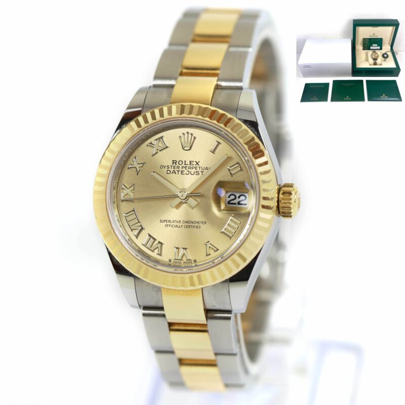 Ladies Rolex Datejust 279173 28MM Champagne Roman Dial 18K Yg Two-Tone Box Papers