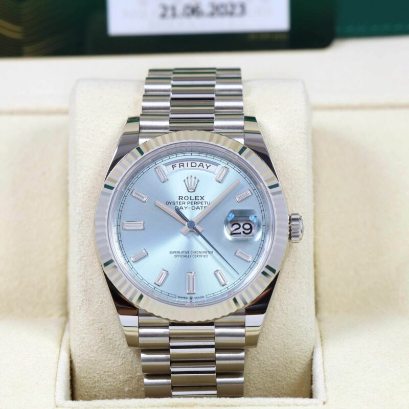 New 2023 Rolex Day-Date President 228236 Platinum Ice Blue Baguette Diamond Dial