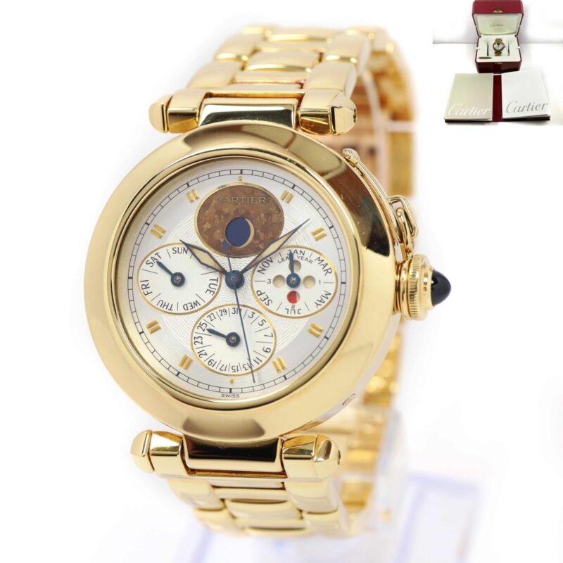 Cartier Pasha Perpetual Calendar 0975 38MM 18K Yg Silver Dial Box Booklets