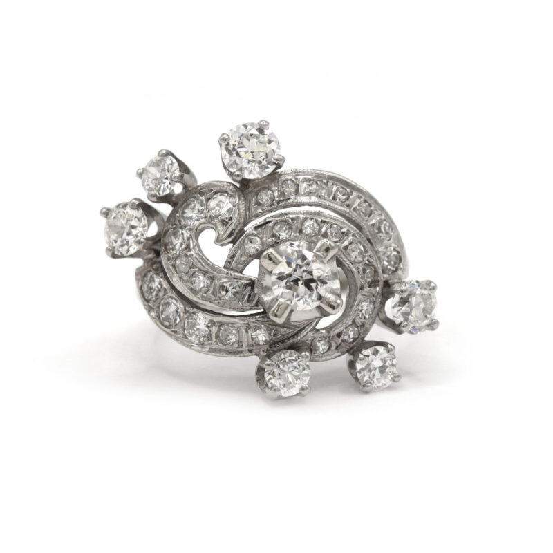 Antique 2.60CTW Diamond Old European Cut Swirl Vintage 14K White Gold Statement Ring