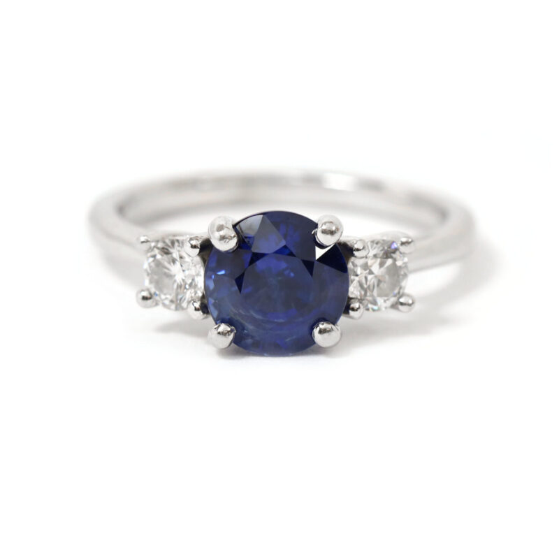 Round Blue Sapphire And Diamond Three Stone 18K White Gold Ring