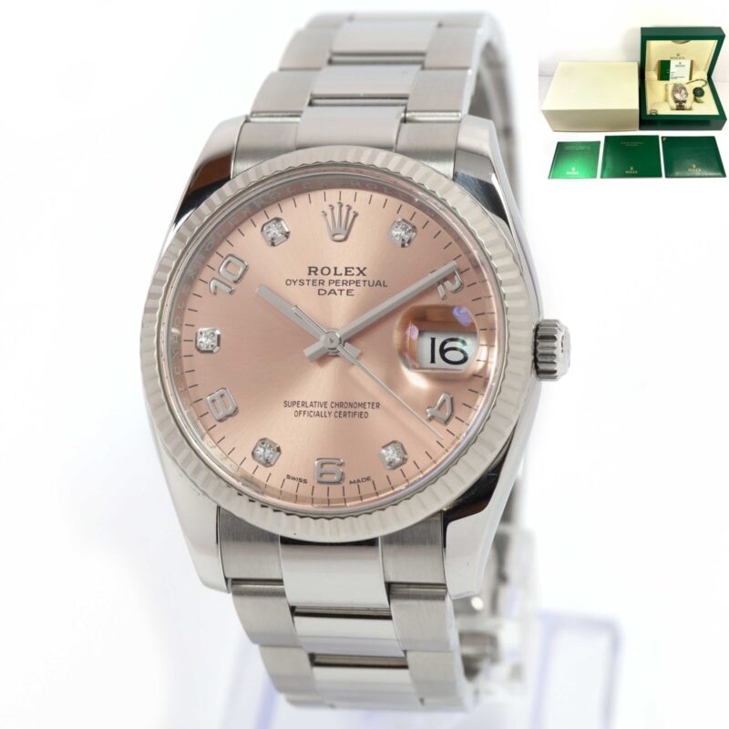 2017 Rolex Oyster Perpetual Date 115234 34MM Pink Diamond Dial Box Papers