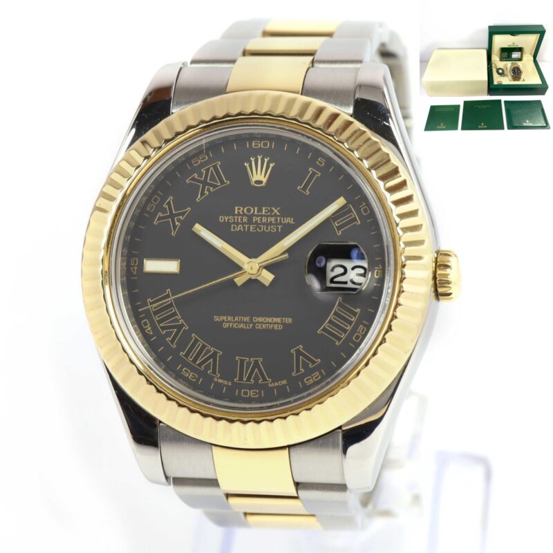 2016 Rolex Datejust II 116333 41MM Black Roman 18K Yg Two-Tone Box Papers