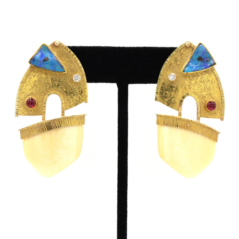 Caroline Strieb Opal Ruby Diamond 1987 22K 18K Yellow Gold Art Dangle Earrings