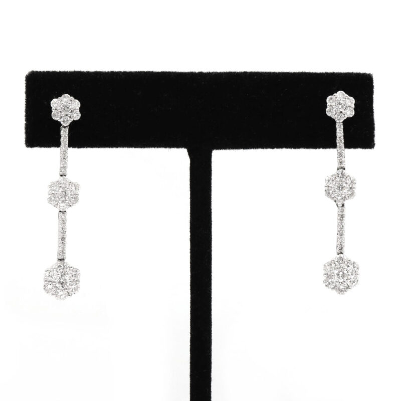 2.5CT Diamond Flower Cluster Long Dangly Drop Women’s Earrings 14K White Gold