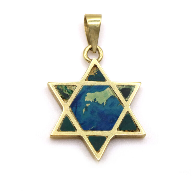 Star Of David Gemstone Inlay Jewish Judaic 14K Yellow Gold Pendant Charm