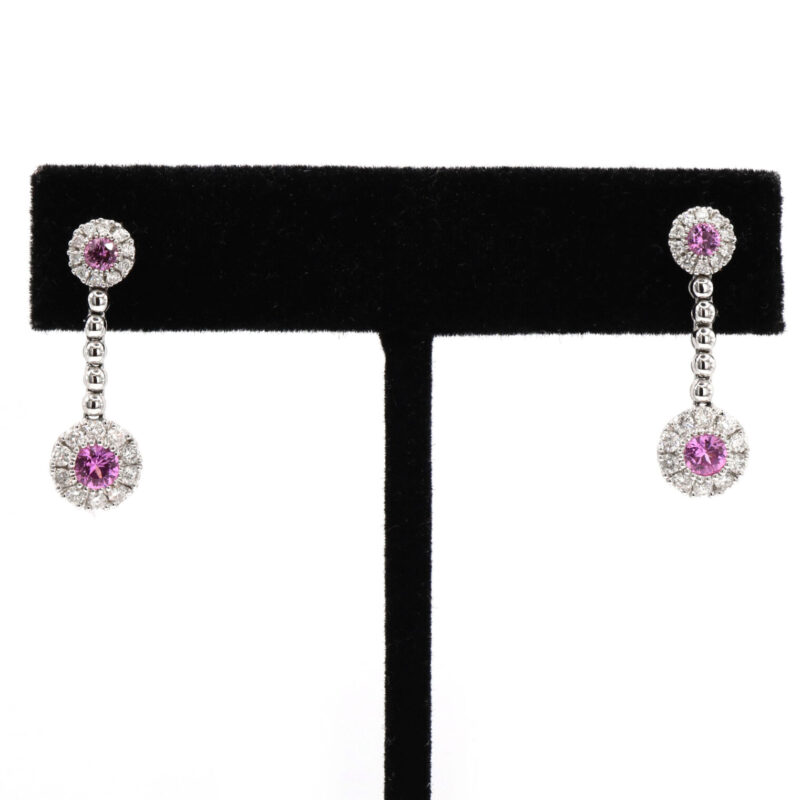 Pink Sapphire & Diamond 1.38CT Halo Dangle Drop 18K White Gold Women’s Earrings