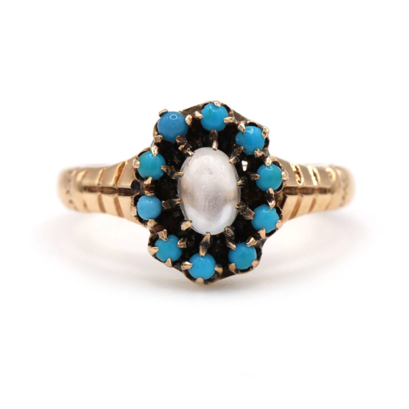 Oval Moonstone Turquoise Flower Vintage Antique 14K Rose Gold Statement Ring