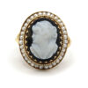 Cameo Woman Face 1940’S Carved Onyx Pearl 14K Yellow Gold Statement Womens Ring