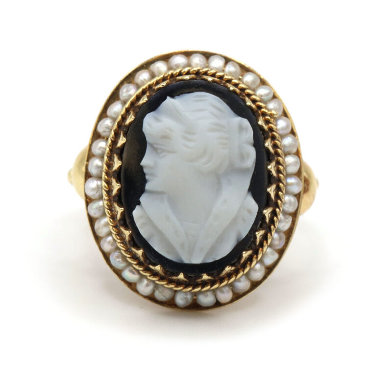 Cameo Woman Face 1940’S Carved Onyx Pearl 14K Yellow Gold Statement Womens Ring