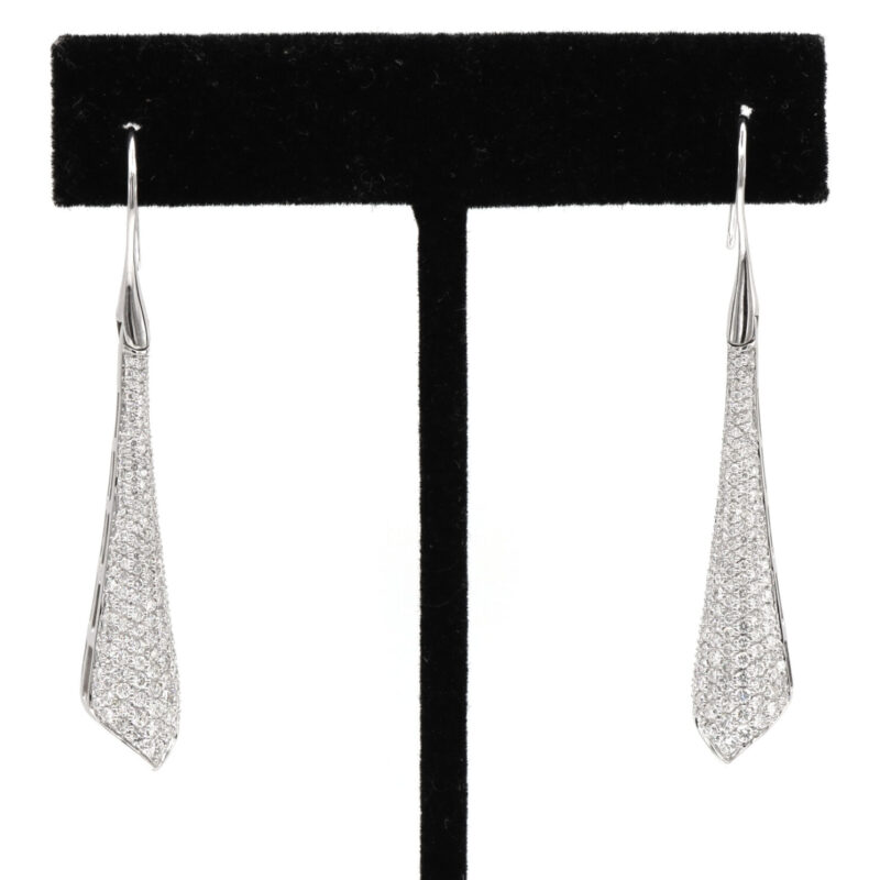 Diamond Pave Tapered Drop Long Dangle Fish Hook 18K White Gold Women’s Earrings