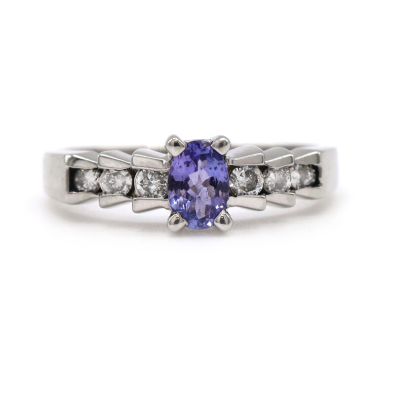 Oval Tanzanite Diamond Channel Set Women’s Statement 14K White Gold Ring